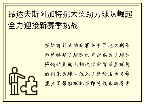 昂达夫斯图加特挑大梁助力球队崛起全力迎接新赛季挑战